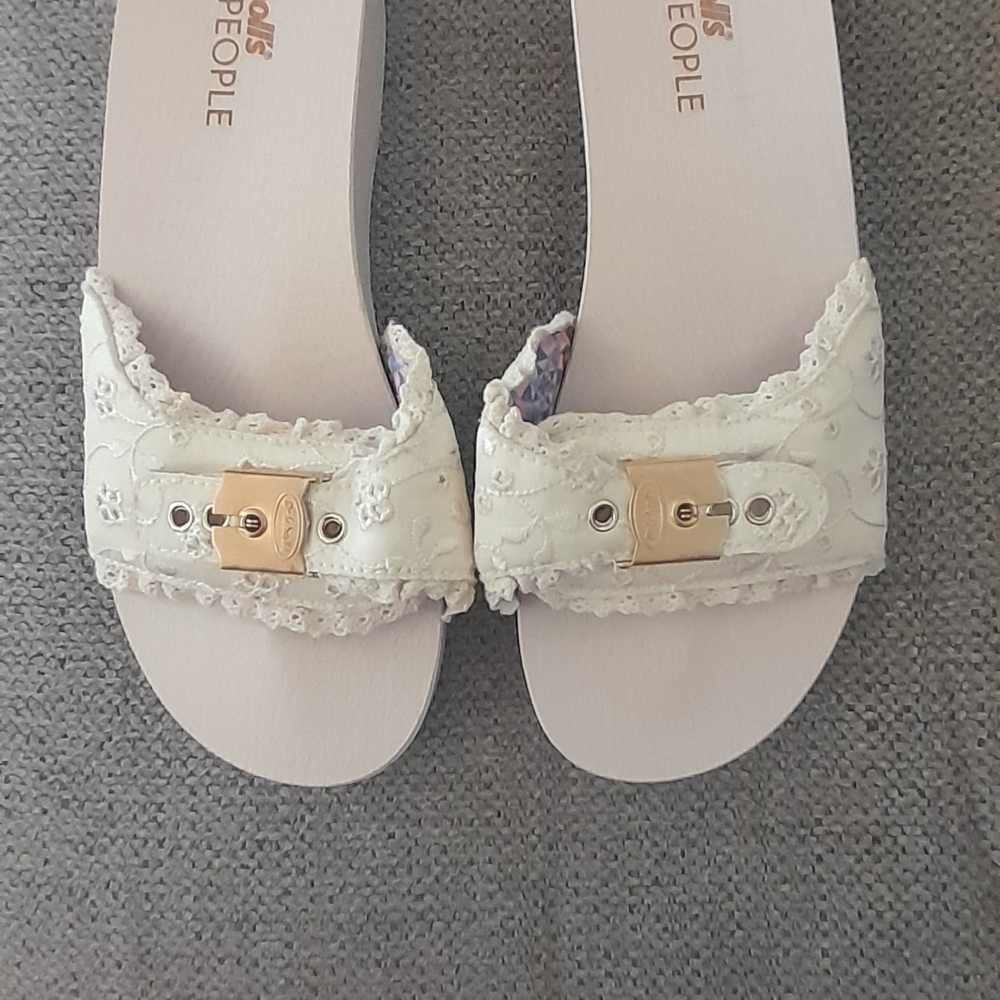 Dr. Scholl's White Lace Slide Sandals with Gold Buckle